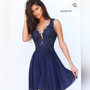 Sherri Hill Style 50756 Lace V Neck A Line Short Navy Blue Dress Size 14